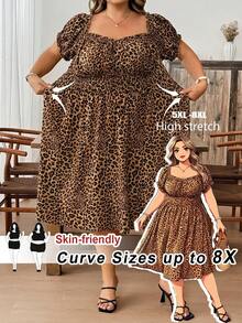 SHEIN CURVE+ Đầm trễ vai cỡ lớn dành cho kỳ nghỉ với họa tiết da báo. - Nhiều màu - Xem 1