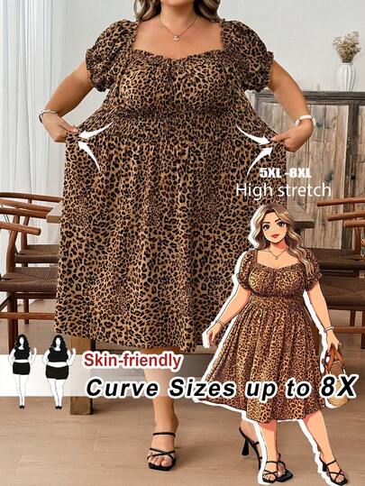 SHEIN CURVE+ Plus Size Vacation Off-Shoulder Dress With A Leopard Dress