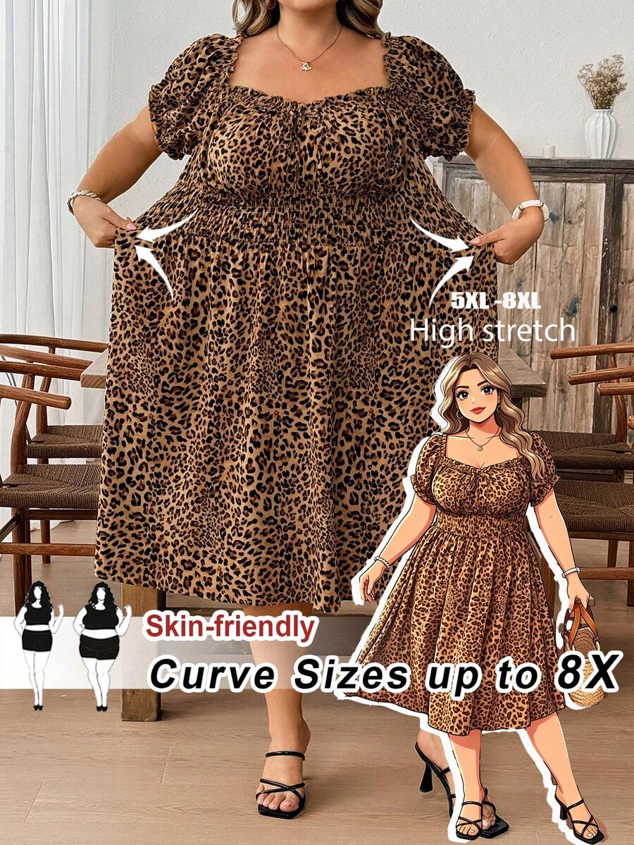 SHEIN CURVE+ Đầm trễ vai cỡ lớn dành cho kỳ nghỉ với họa tiết da báo. - Nhiều màu - Xem 1