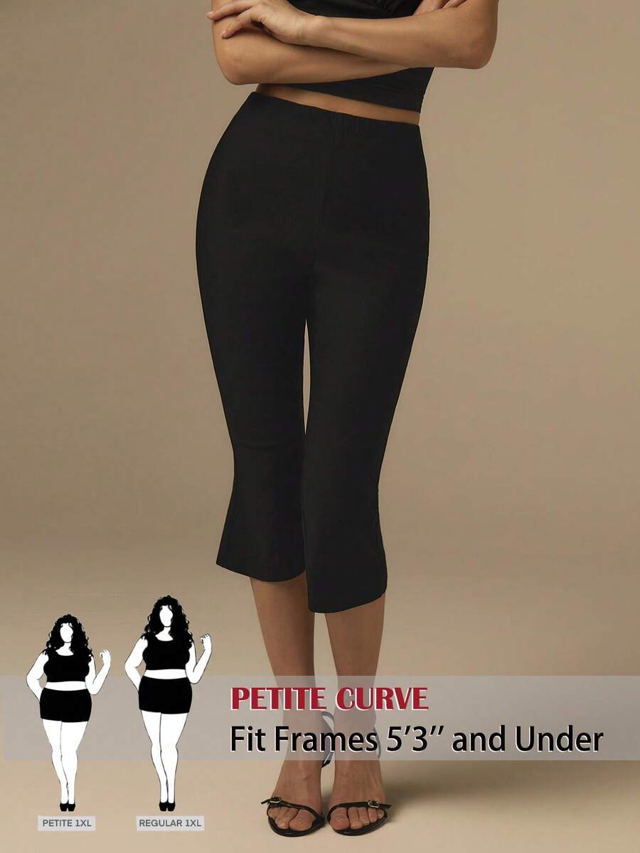 SHEIN PETITE CURVE 大码女式黑色喇叭七分裤，复古休闲通勤优雅Y2K黑色长裤，简约纯色七分裤，日常通勤、办公室、毕业典礼、夏季穿搭，优雅黑色长裤 - 黑色 - 查看 1