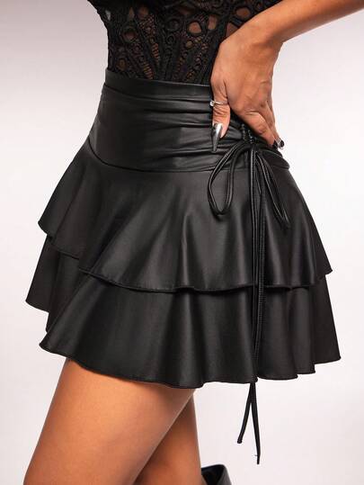SHEIN Tall CURVE Plus Size Women's Sexy Casual Street Style Elastic PU Coated Fabric Drawstring Waist Layered Ruffle Hem Mini Skirt, Suitable For Daily Wear, Music Festivals, Concerts, Carnivals, Date Nights, Birthday Parties, Singles Parties, Nightclubs, Creating Cute Casual Looks, Shopping, Street Fashion, Outings, Fashionable And Flattering, Suitable For Summer, Daily Commute, Dating, Party, Christmas, New Year, Thanksgiving, Party, Wedding, Beach, Graduation Ceremony, Fashion, Elegant, Casual, Outing, Dating, Reservation, Commuting, Shiny, Valentine's Day, Elegant, Vacation, Casual, Y2K, Outing, Graduation Ceremony And Other Occasions.