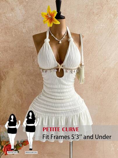 SHEIN PETITE CURVE Đầm cổ yếm gợi cảm, viền bèo nhún, trang trí sao biển kim loại, dành cho nữ cỡ lớn, thích hợp cho kỳ nghỉ.