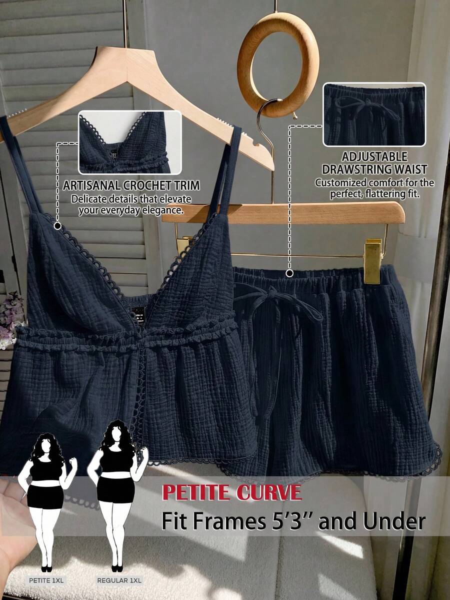 SHEIN PETITE CURVE Conjunto de 2 peças com Regata e Shorts em Cor Sólida, Casual, Plus Size - Azul Marinho - Visão 1