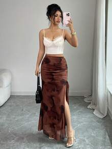 Rafferiza 女士优雅半身裙、女士网纱半身裙、女士扎染渐变半身裙、女士开衩系腰半身裙、长裙、正式半身裙、夏季半身裙、夏季套装、女士春季半身裙、百搭半身裙、优雅派对半身裙、沙滩半身裙、婚礼及各种场合半身裙、女士毕业半身裙、棕色半身裙、度假半身裙 - 咖啡棕 - 查看 7