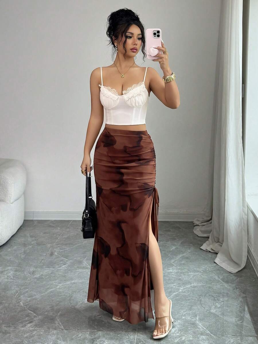 Rafferiza 女士优雅半身裙、女士网纱半身裙、女士扎染渐变半身裙、女士开衩系腰半身裙、长裙、正式半身裙、夏季半身裙、夏季套装、女士春季半身裙、百搭半身裙、优雅派对半身裙、沙滩半身裙、婚礼及各种场合半身裙、女士毕业半身裙、棕色半身裙、度假半身裙 - 咖啡棕 - 查看 1