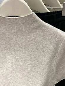 Resyla Suéter ajustado de manga corta con cuello alto informal de talla grande - Albaricoque - Ver 3