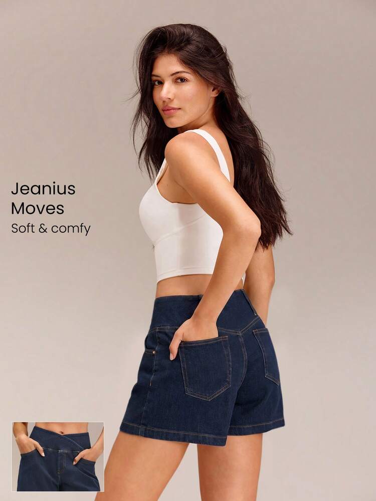 4" Luxe PimaSoft Confident Strides Breathable Denim Wash Crossover Waist Butt-Lifting Seam Shorts Daily Casual Summer Wear