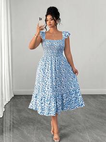 Elenzga Floral Pattern Square Neck Ruffle Sleeve Gathered Bust A-Line Fashionable Elegant Romantic Vacation Party Daily Wear Dress - Blue - View 1