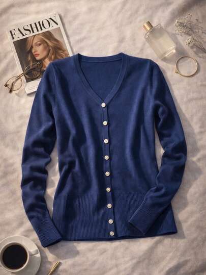 Suéter cárdigan casual para mujer, elegante y versátil. Escote en "V", silueta semiajustada, colores lisos sin estampado. Ajuste con botones de lujo. Interior muy fresco, ligero y cómodo. Ideal para el uso diario.