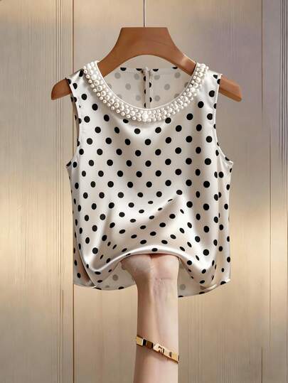 Franclia Elegant & Fashionable Women's Commuting Round Neck Pearl Studded Shirt, Satin Polka Dot Print Sleeveless Loose Casual Travel Holiday Blouse