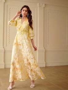 ZEYLAH Gaun Panjang Berkerah dengan Pinggang Ramping Jacquard, Elegan untuk Musim Semi/Panas - Kuning - View 5