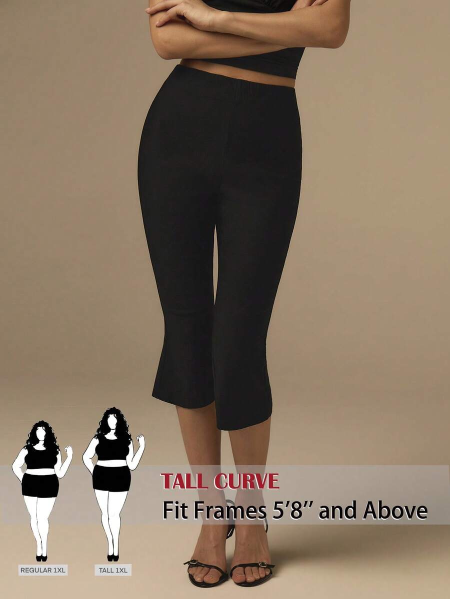 SHEIN Tall CURVE 大尺碼女款黑色喇叭七分褲，夏季休閒通勤日常工作長褲，復古基礎優雅 Y2K 極簡純色，適合派對婚禮海灘
