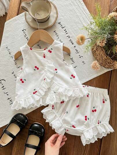 Cozy Pixies 女婴休闲樱桃印花圆领无袖上衣和短裤套装