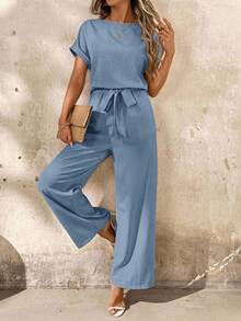 SHEIN Clasi 女士纯色露背荷叶边短袖连体裤 - 藍色 - 查看 7