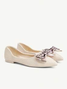 CUCCOO CHICEST Pointed Flat Bottom Comfortable And Fashionable Versatile Fairy Rhinestone Bow Soft Sole Beige Low Vamp Flat Shoes - Beige - View 8