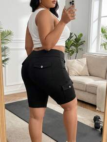 SHEIN CURVE+ 女士大口袋紧身裤，触感凉爽，高弹面料，中长款修身裤 - 黑色 - 查看 4