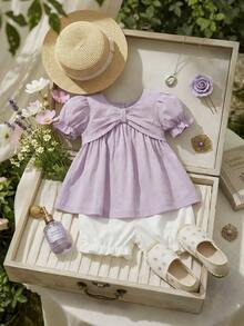 Souflis Souflis 法国夏季新款薰衣草色精致面料大蝴蝶结领无袖上衣搭配可爱灯笼裤，适合居家、玩耍、购物等各种场合，婴儿及女婴套装 - 淡紫色 - 查看 5