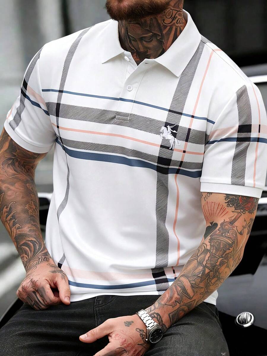Manfinity Homme 男士紅白格紋夏季休閒高爾夫 Polo 衫,短袖珠地布鈕扣上衣,刺繡裝飾時尚復古老錢風 - 白色 - 查看 1
