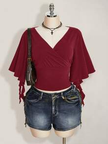 SHEIN ICON Plus Size Women V-Neck Solid Color Ruffle Hem Short Sleeve T-Shirt - Burgundy - View 1