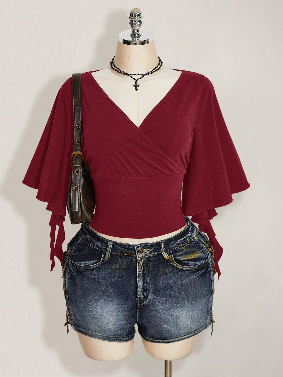 SHEIN ICON Plus Size Women V-Neck Solid Color Ruffle Hem Short Sleeve T-Shirt - Burgundy - View 1