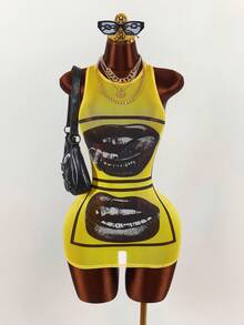 Amplova Face & Lip Print Sheer Bodycon Mini Dress,Summer Dresses For Women - Multicolor - View 3