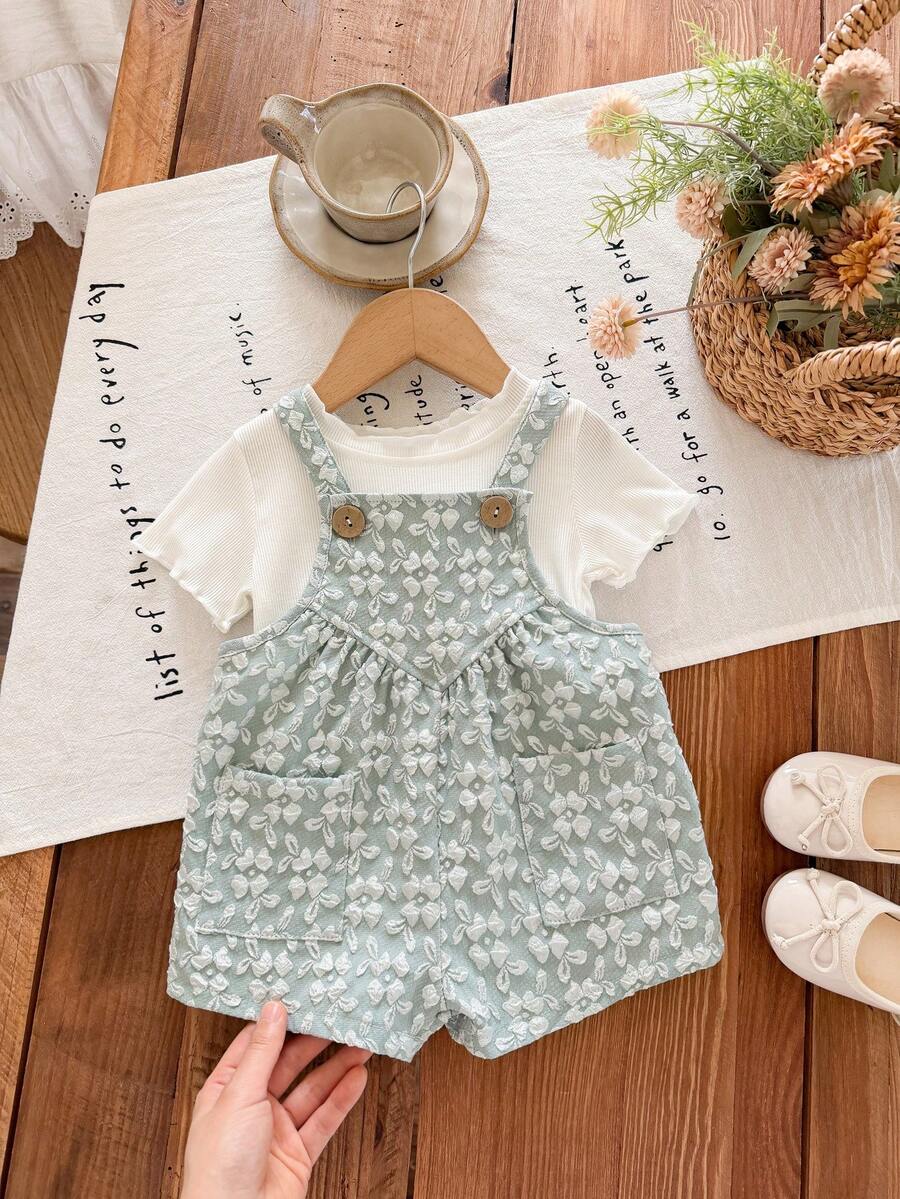 SHEIN LMoss Kids 女婴纯色提花连体衣 - 綠色 - 查看 1