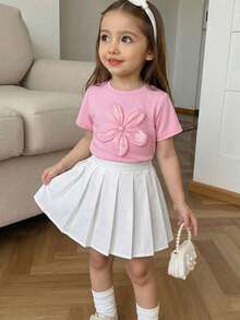 Elladie kids 4-Year-Old Girls' Sweet 3D Floral Decor Short Sleeve Top + White Pleated Skirt Set, Round Neck Loose Fit, Skin-Friendly Fabric, 3D Floral Decor Exquisite And Eye-Catching, White Pleated Skirt Inherent Girlish Charm, Suitable For Daily Outings, Birthday Parties, Holiday Matching, Minimalist Yet Adorable, Easily Create Cute Little Princess Look. - Pink - View 1