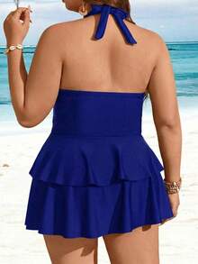 Swim Lushoire Plus Size Solid Color V-Neck Ruched Multi-Layer Ruffle Hem Fashionable Vacation Style Women's Two Pieces Swimsuit - Blue - View 2