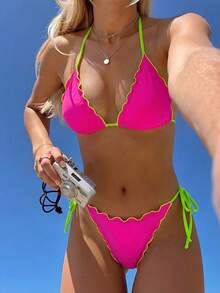 Swim Mod Bộ bikini gợi cảm buộc dây cổ yếm bèo nhún dành cho nữ, thích hợp cho kỳ nghỉ hè ở bãi biển. - Màu Hồng Tươi - Xem 1