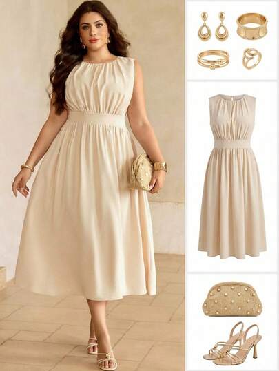 Roveilla Plus Size Round Neck Sleeveless Waist Cinched Elegant Summer Dress