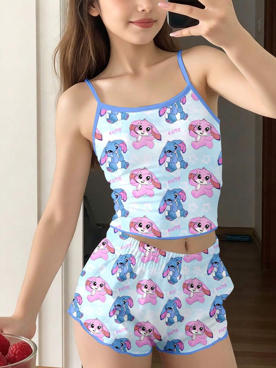 Light Blue,Summer,Cute,Sleep Tween Girl Cartoon Rabbit Lulu & Stitch Pattern Tie-Dye Camisole Top And Shorts Pajama Set,Casual Minimalist Kids Wear - Multicolor - View 1