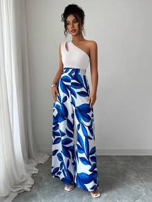 SHEIN Elenzya 女士斜肩拼接印花直筒连体裤 - 寶藍色 - 查看 6