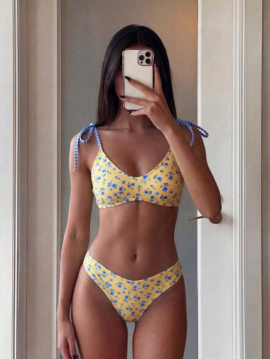 Swim Mod بيكيني بقطعتين مع أشرطة قابلة للتعديل، طبعة زهور صغيرة استوائية، للنساء، للشاطئ والحفلات العادية - متعدد الألوان - مشاهدة 1