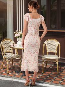 SHEIN Maternity Dress With Ruffle Sleeves,Square Neck,Fishtail Hem,Pink Summer Elegant Flowy Wedding Guest Ninang Floral Print Midi Dress For Baby Shower - Apricot - View 2