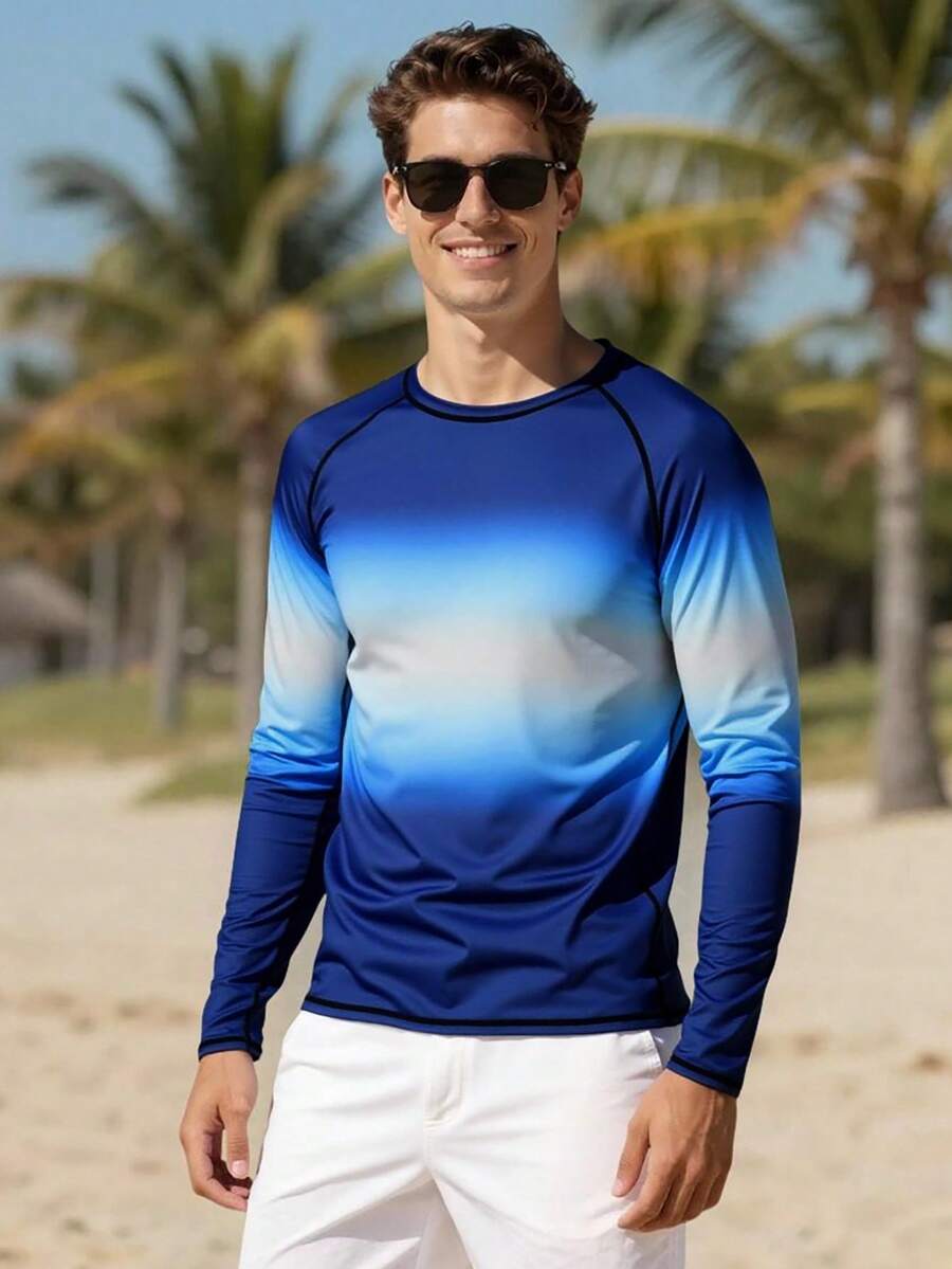 Manfinity Swimmode Men's Ombre Rash Guard, Long Sleeve Swimwear - Blue - View 1