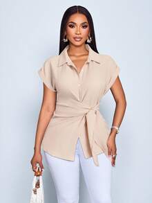 SOLERSUN 女士夏季纯色纽扣蝙蝠袖短袖衬衫，休闲优雅系带细节上衣，四季皆宜的外出穿搭，日常度假装扮 - 杏色 - 查看 5