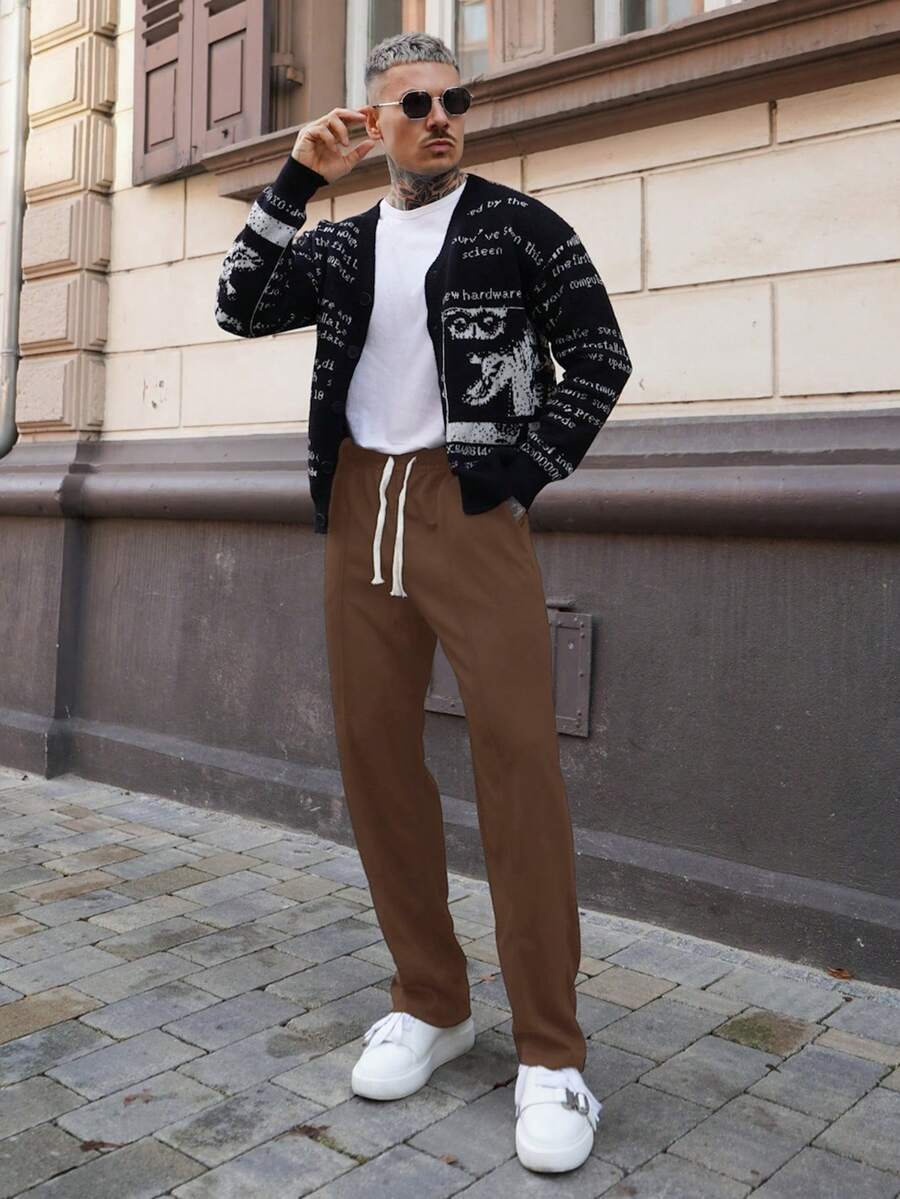 Artur Kramer Men's Solid Color Drawstring Waist Casual Pants - Coffee Brown - View 1