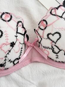 Women's Heart Embroidery Mesh Patchwork Bra - Pink - View 3