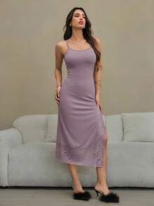 HautHeat Women's Elegant Lace Patchwork Side Slit Backless Halter Neck Summer Dress - Rusty Rose - View 5