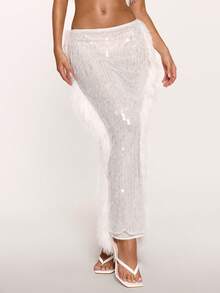 MUSERA Chân váy maxi ôm sát cạp thấp, viền lông xù, đính sequin, chỉ có phần chân váy để phối cùng quần bơi, gợi cảm, dễ thương, thích hợp đi chơi, nghỉ lễ, mùa hè, màu xanh đậm. - trắng - Xem 2