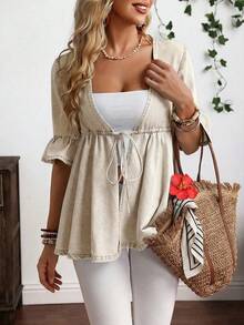 EMERY ROSE Plus Size Casual Business Casual Drawstring Waist Denim Jacket Vacation Beige Summer - Khaki - View 7