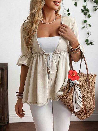 EMERY ROSE Áo khoác denim dáng rộng có dây rút ở eo, cỡ lớn