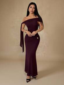 SHEIN PETITE Đầm ôm sát dáng đuôi cá bất đối xứng thanh lịch dành cho nữ, thắt eo bằng dây buộc và trang trí khóa kim loại, thích hợp cho tiệc cocktail, hẹn hò lãng mạn, mặc nhiều lớp, dự tiệc, ngày Valentine, trang phục Valentine cho nữ. - Màu Đỏ Sâu - Xem 5