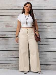 EMERY ROSE Plus Size Casual Everyday Patch Pocket Solid Color Wide Leg Jeans - Apricot - View 8