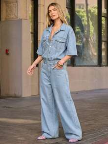 Hauture Women's Casual Streetwear Style Loose Jumpsuit With Flap Pockets, Suitable For Spring, Summer And Autumn, Daily Everyday Travel Vacation Light Blue - Light Wash - View 4