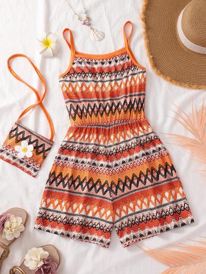 SHEIN Tween Girls' Elegant Multicolor Jumpsuit, Comes With Bag, Colorful Striped Cami Romper, Suitable For Vacation, School, Outings, Spring/Summer