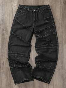 Manfinity Joysei Men's Vintage Fashionable Versatile Rivet Frayed Distressed Wide Leg Loose Casual Daily Denim Jeans - Black - View 1