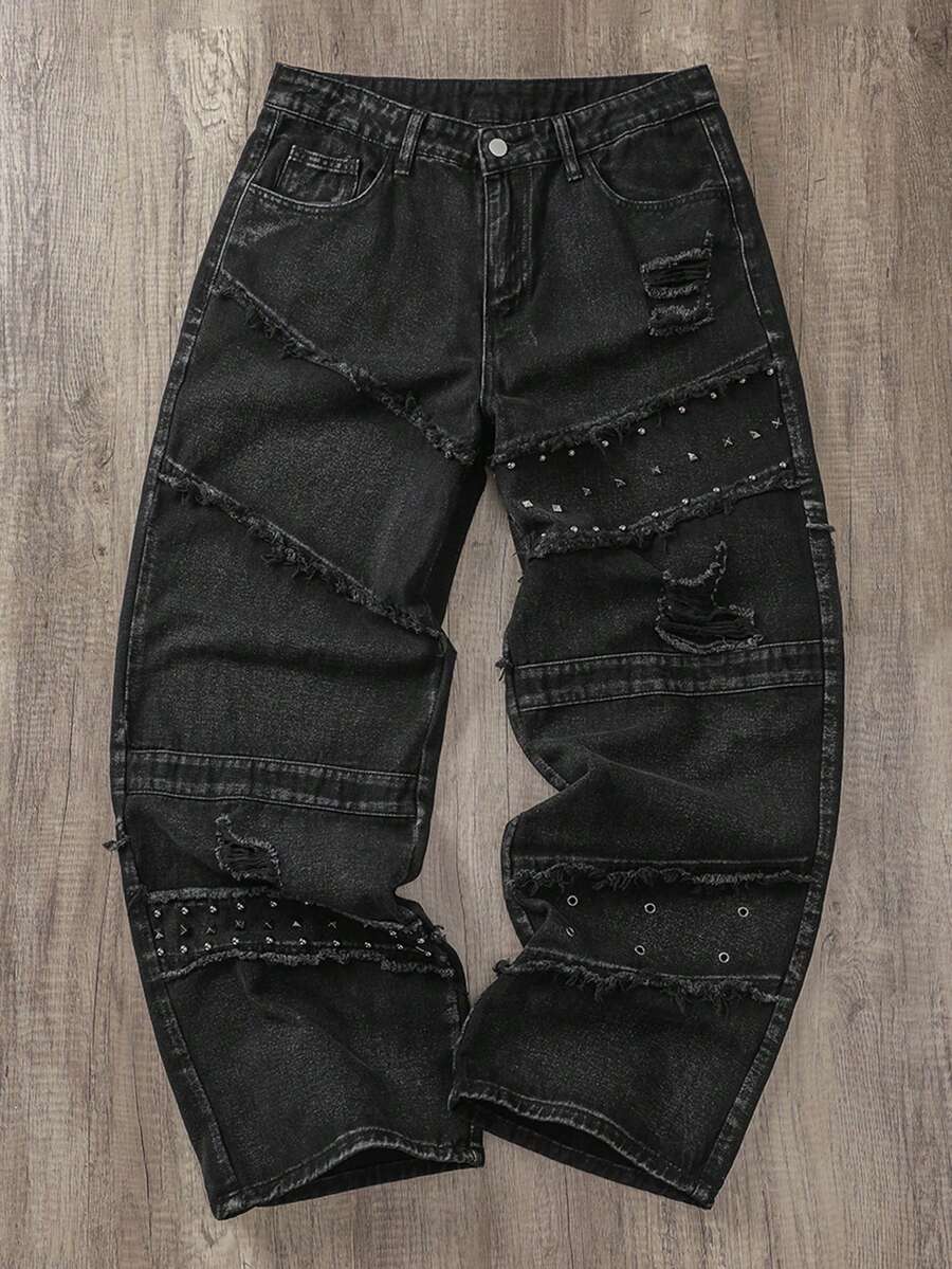 Manfinity Joysei Men's Vintage Fashionable Versatile Rivet Frayed Distressed Wide Leg Loose Casual Daily Denim Jeans - Black - View 1