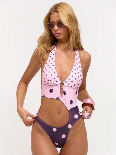 Musera Resort Mixed Print Ring Detail Halterneck Swimsuit Summer Swim Beach Vacation Everyday Sexy Cute Travel Bambola