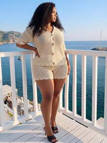 Veslaya Women's Plus Size Beige Summer Boho Vacation Holiday Knitted Two Pieces Outfit,Loose Short Sleeve Shirt Top And Shorts Set,Beach Music Festival Party - Apricot - View 8